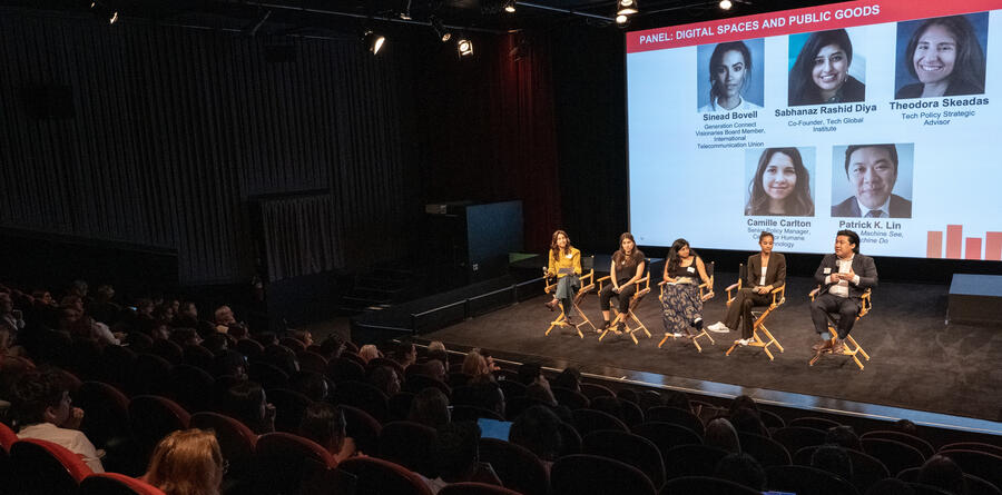Patrick K. Lin on a panel with Camille Carlton, Theodora Skeadas, Sabhanaz Rashid Diya, and Sinead Bovell, discussing digital sp Patrick K. Lin on a panel with Camille Carlton, Theodora Skeadas, Sabhanaz Rashid Diya, and Sinead Bovell, discussing digital spaces and public goods at the 2023 Responsible Tech Summit hosted by All Tech Is Human.